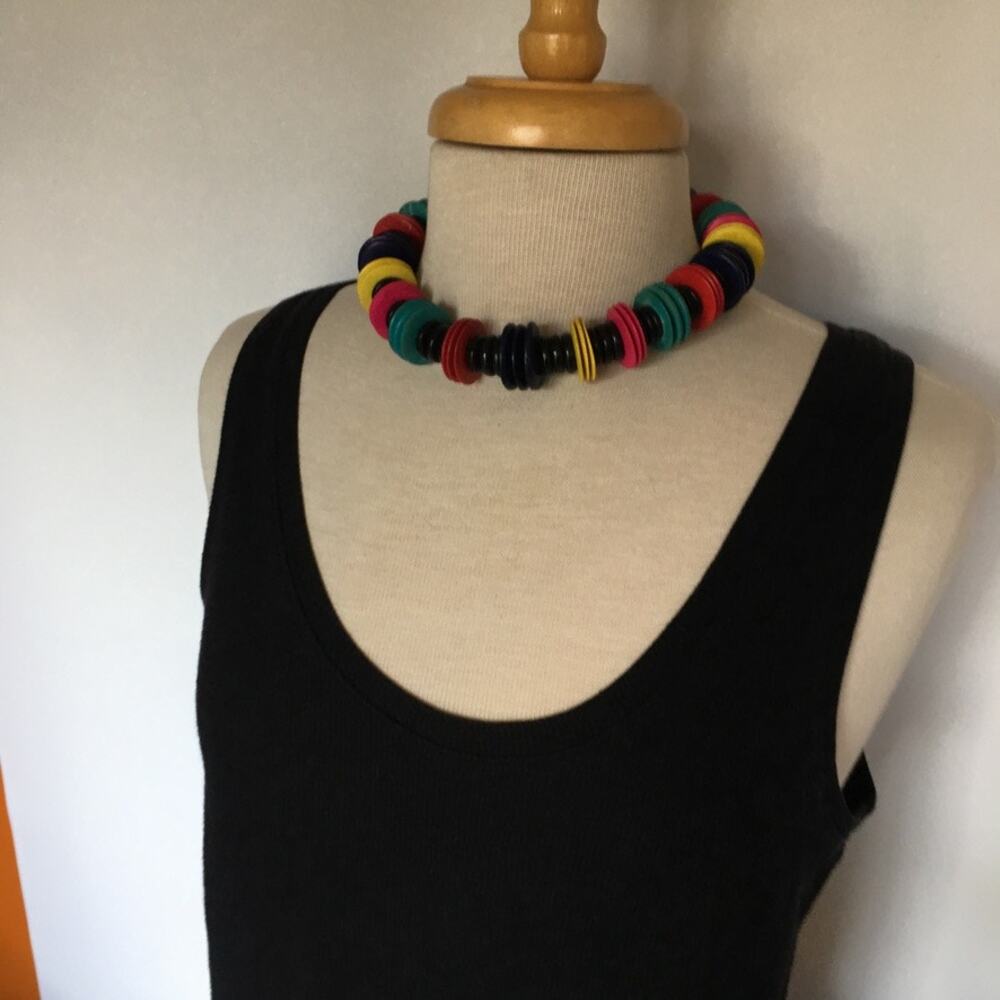 Colorful teal red magenta yellow black wooden bead necklace - Picture 9 of 10